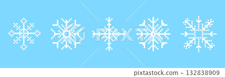 Set y2k pixel art snowflake winter crystal, retro 8 bit mosaic ornament. Ice seasonal design element, background. 90s aesthetics vintage games. Set y2k pixel art snowflake winter crystal, retro 8 bit mosaic ornament. Ice seasonal design element, background. 90s aesthetics vintage games. 132838909