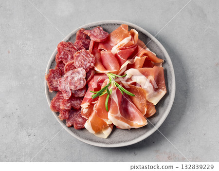 plate of sliced dry spanish sausage and prosciutto meat 132839229