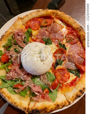 pizza with salami and cheese 132839369