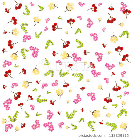 Seamless floral pattern with cherry, pink and yellow flowers, and green leaves on white background Seamless floral pattern with cherry, pink and yellow flowers, and green leaves on white background 132839515