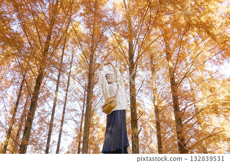 Middle-aged woman stretching among the autumn leaves Middle-aged woman stretching among the autumn leaves 132839531