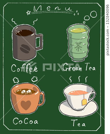 Hand-drawn hot drink menu: Cute cafe-style illustrations of coffee, tea, cocoa, and green tea Hand-drawn hot drink menu: Cute cafe-style illustrations of coffee, tea, cocoa, and green tea 132840096