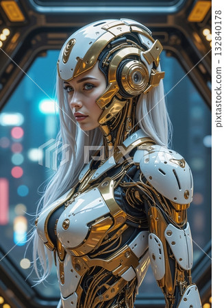 The image is a highly detailed digital illustration of a female cyborg in futuristic white and gold armor The image is a highly detailed digital illustration of a female cyborg in futuristic white and gold armor 132840178