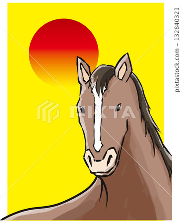 New Year's card, horse, horse, year of the horse, New Year, Mt. Fuji, Fuji, Japanese style, illustration, first sunrise, New Year, sunrise, New Year's 132840321