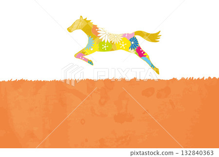 New Year's card, horse, horse, year of the horse, New Year, Mt. Fuji, Fuji, Japanese style, illustration, first sunrise, New Year, sunrise, New Year's 132840363