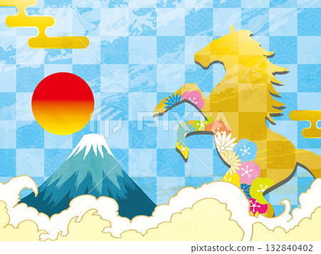 New Year's card, horse, horse, year of the horse, New Year, Mt. Fuji, Fuji, Japanese style, illustration, first sunrise, New Year, sunrise, New Year's 132840402