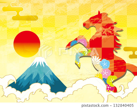 New Year's card, horse, horse, year of the horse, New Year, Mt. Fuji, Fuji, Japanese style, illustration, first sunrise, New Year, sunrise, New Year's New Year's card, horse, horse, year of the horse, New Year, Mt. Fuji, Fuji, Japanese style, illustration, first sunrise, New Year, sunrise, New Year's 132840405