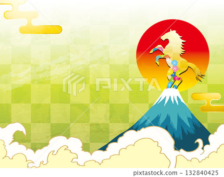 New Year's card, horse, horse, year of the horse, New Year, Mt. Fuji, Fuji, Japanese style, illustration, first sunrise, New Year, sunrise, New Year's 132840425