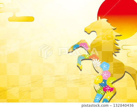 新年賀卡，馬，馬，馬年，新年，富士山，富士山，日式風格，插畫，初升的太陽，新年，日出，新年 132840436