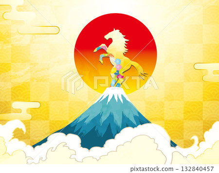 New Year's card, horse, horse, year of the horse, New Year, Mt. Fuji, Fuji, Japanese style, illustration, first sunrise, New Year, sunrise, New Year's New Year's card, horse, horse, year of the horse, New Year, Mt. Fuji, Fuji, Japanese style, illustration, first sunrise, New Year, sunrise, New Year's 132840457