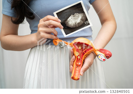 Uterus ultrasound, Asian woman holding human anatomy model. Uterus ultrasound, Asian woman holding human anatomy model. 132840501