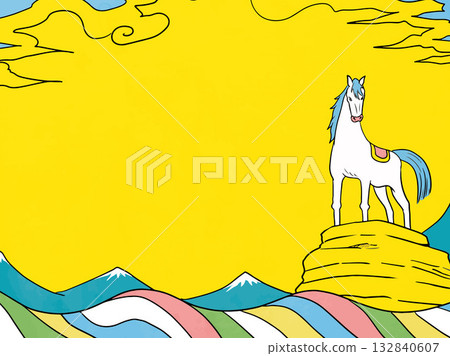 新年賀卡，馬，馬，馬年，新年，富士山，富士山，日式風格，插畫，初升的太陽，新年，日出，新年 132840607