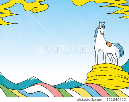 New Year's card, horse, horse, year of the horse, New Year, Mt. Fuji, Fuji, Japanese style, illustration, first sunrise, New Year, sunrise, New Year's 132840612
