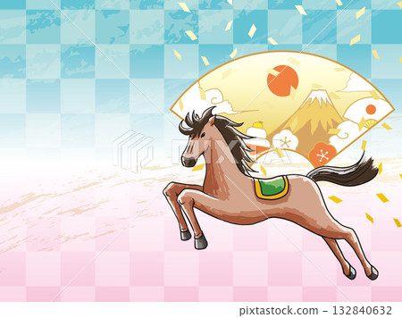 New Year's card, horse, horse, year of the horse, New Year, Mt. Fuji, Fuji, Japanese style, illustration, first sunrise, New Year, sunrise, New Year's New Year's card, horse, horse, year of the horse, New Year, Mt. Fuji, Fuji, Japanese style, illustration, first sunrise, New Year, sunrise, New Year's 132840632