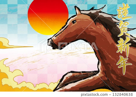 新年賀卡，馬，馬，馬年，新年，富士山，富士山，日式風格，插畫，初升的太陽，新年，日出，新年 132840638