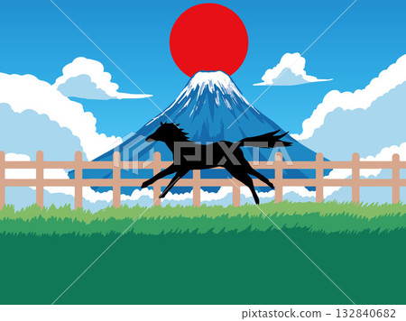 New Year's card, horse, horse, year of the horse, New Year, Mt. Fuji, Fuji, Japanese style, illustration, first sunrise, New Year, sunrise, New Year's New Year's card, horse, horse, year of the horse, New Year, Mt. Fuji, Fuji, Japanese style, illustration, first sunrise, New Year, sunrise, New Year's 132840682