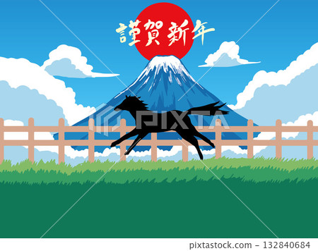 新年賀卡，馬，馬，馬年，新年，富士山，富士山，日式風格，插畫，初升的太陽，新年，日出，新年 132840684