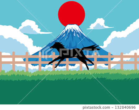 新年賀卡，馬，馬，馬年，新年，富士山，富士山，日式風格，插畫，初升的太陽，新年，日出，新年 132840696