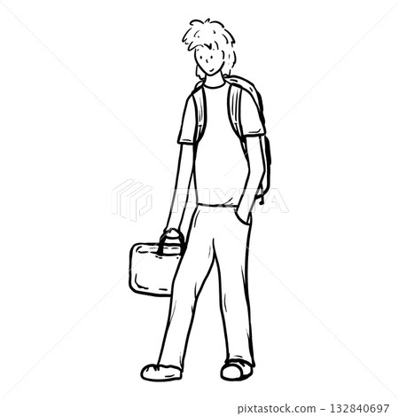 Young boy carrying luggage and backpack cartoon outline illustration Young boy carrying luggage and backpack cartoon outline illustration 132840697