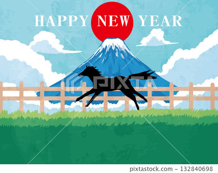 新年賀卡，馬，馬，馬年，新年，富士山，富士山，日式風格，插畫，初升的太陽，新年，日出，新年 132840698