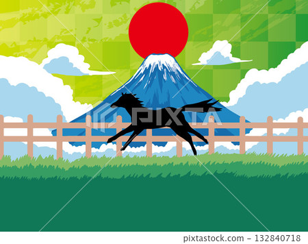 New Year's card, horse, horse, year of the horse, New Year, Mt. Fuji, Fuji, Japanese style, illustration, first sunrise, New Year, sunrise, New Year's 132840718