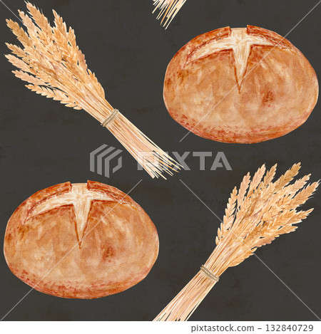 Rustic bread loaves and golden wheat watercolor seamless pattern on gray background. Hand-painted bakery design with warm tones, perfect for packaging, kitchen decor, textile or organic food branding 132840729