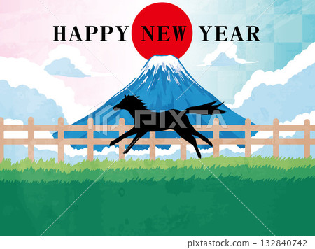 New Year's card, horse, horse, year of the horse, New Year, Mt. Fuji, Fuji, Japanese style, illustration, first sunrise, New Year, sunrise, New Year's 132840742