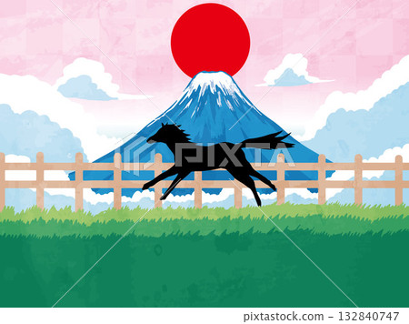 New Year's card, horse, horse, year of the horse, New Year, Mt. Fuji, Fuji, Japanese style, illustration, first sunrise, New Year, sunrise, New Year's New Year's card, horse, horse, year of the horse, New Year, Mt. Fuji, Fuji, Japanese style, illustration, first sunrise, New Year, sunrise, New Year's 132840747
