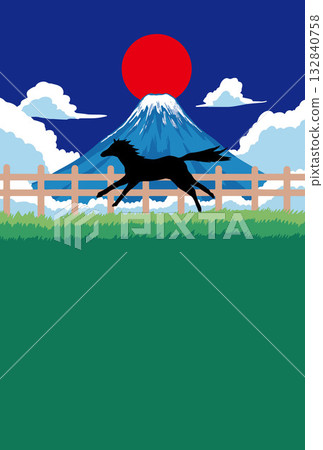 New Year's card, horse, horse, year of the horse, New Year, Mt. Fuji, Fuji, Japanese style, illustration, first sunrise, New Year, sunrise, New Year's 132840758