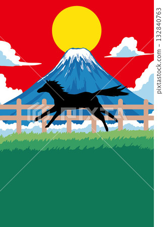 New Year's card, horse, horse, year of the horse, New Year, Mt. Fuji, Fuji, Japanese style, illustration, first sunrise, New Year, sunrise, New Year's New Year's card, horse, horse, year of the horse, New Year, Mt. Fuji, Fuji, Japanese style, illustration, first sunrise, New Year, sunrise, New Year's 132840763