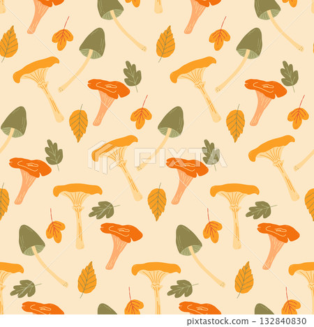 Vector Seamless Pattern with Flat Mushrooms on Background. , Mushrooms and autumn leaves. Seamless pattern for fabric, textiles, clothing, wrapping paper, cover, banner, home decor. 132840830