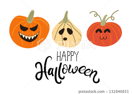Pumpkins and quote for Halloween. Isolated vector illustration for seasonal design of postcards, banners, posters. 132840831