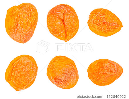 A set of six dried apricots fruits with pits, isolated on a white background with cut-out, clipped path, in two rows of decreasing size. A template for designers, flat lay A set of six dried apricots fruits with pits, isolated on a white background with cut-out, clipped path, in two rows of decreasing size. A template for designers, flat lay 132840922