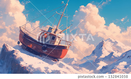 山中廢棄的船，動漫風格 132841038
