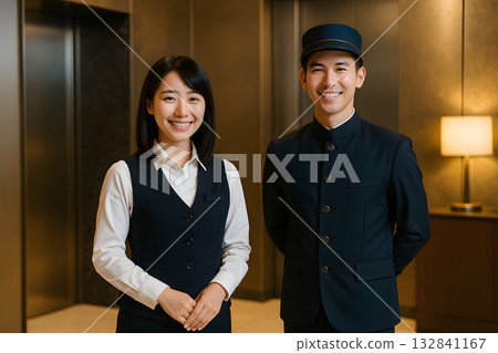 行李員和微笑的女接待員站著 132841167