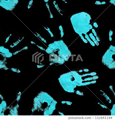 Blue Handprints on Black Background 132841194