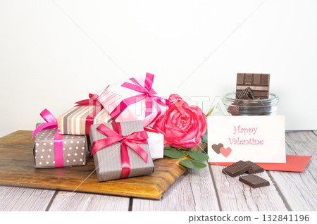 Valentine's Day design box, roses, and chocolates 132841196