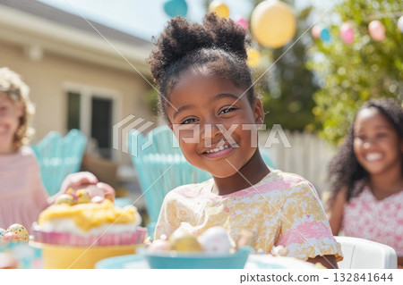 Family enjoying backyard Easter barbecue during spring gathering with pastel decorations 132841644