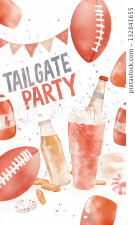 Tailgate party background with football, snacks, and beer with text Tailgate party Tailgate party background with football, snacks, and beer with text Tailgate party 132841655