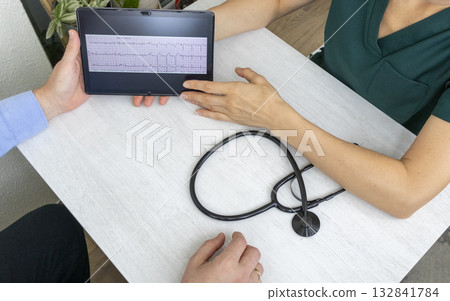 Shot of the female doctor in uniform showing the cardiogram on the tablet to the patient Shot of the female doctor in uniform showing the cardiogram on the tablet to the patient 132841784