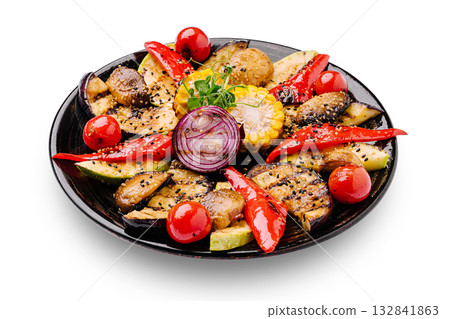 Colorful grilled vegetable and mushroom platter with corn and spices 132841863