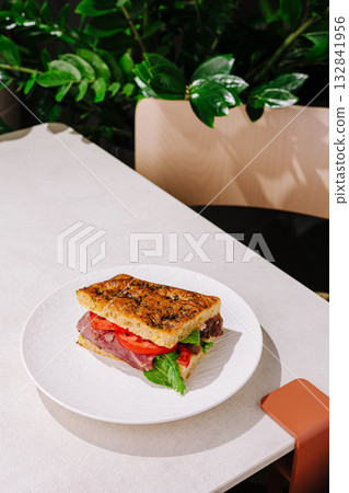 Delicious sandwich with fresh ingredients on a modern dining table Delicious sandwich with fresh ingredients on a modern dining table 132841956