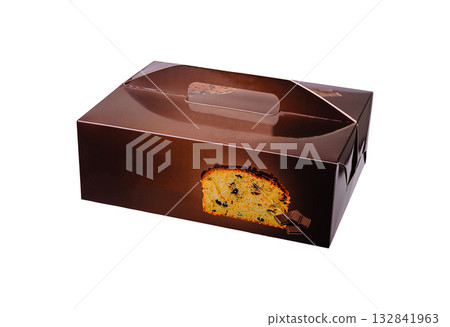 Gift box containing a delicious chocolate cake ready for a celebration Gift box containing a delicious chocolate cake ready for a celebration 132841963