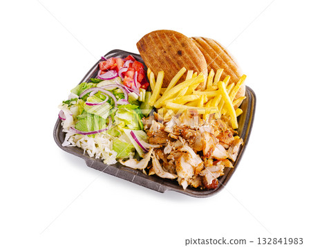 Delicious grilled chicken platter with fresh salad and fries served for lunch 132841983