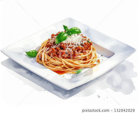 Watercolor-style Bolognese pasta with basil | Western food, pasta, meat sauce, cooking 132842029