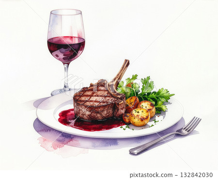 Watercolor style lamb chop steak and red wine dinner 132842030