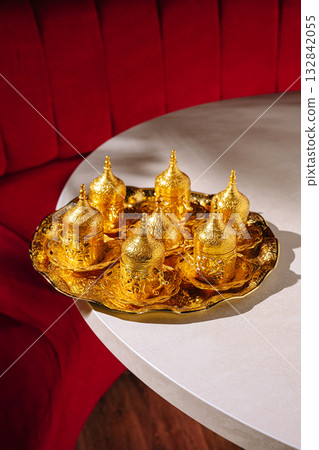 Luxurious Gold Ornate Turkish Coffee Set on Tray 132842055
