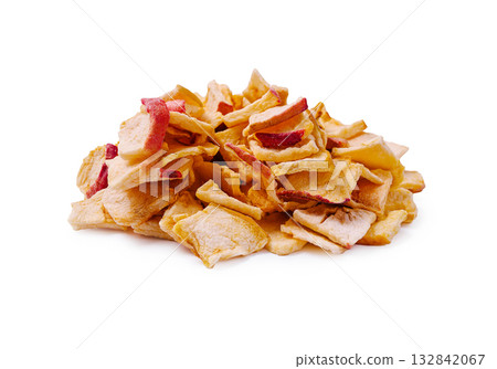 Dried apple slices piled on a white background ready for snacking 132842067