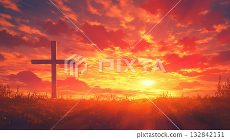 緋紅的夕陽與十字架的剪影，動漫風格 132842151