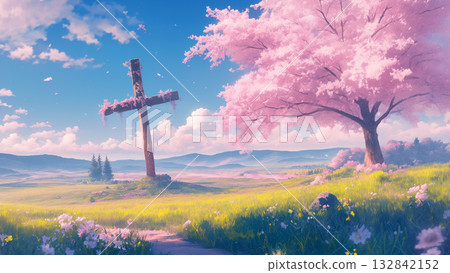 櫻花樹與十字架,動漫風格 櫻花樹與十字架,動漫風格 132842152